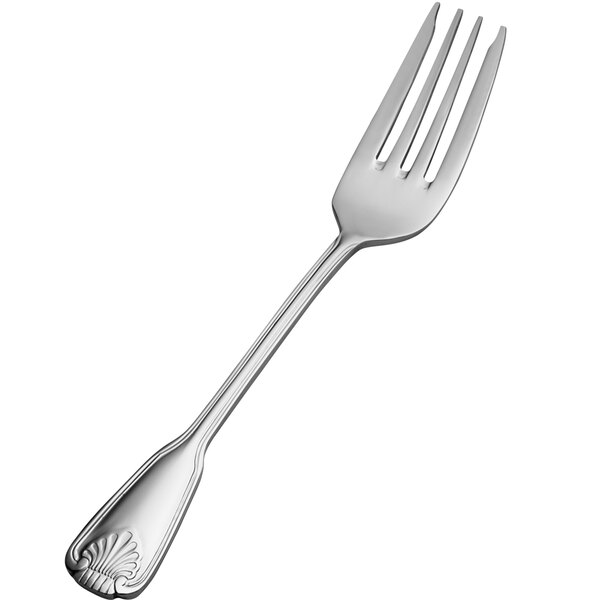 A Bon Chef stainless steel salad/dessert fork with a shell design on the handle.