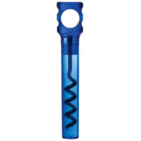 A translucent blue plastic pocket corkscrew with a black spiral.
