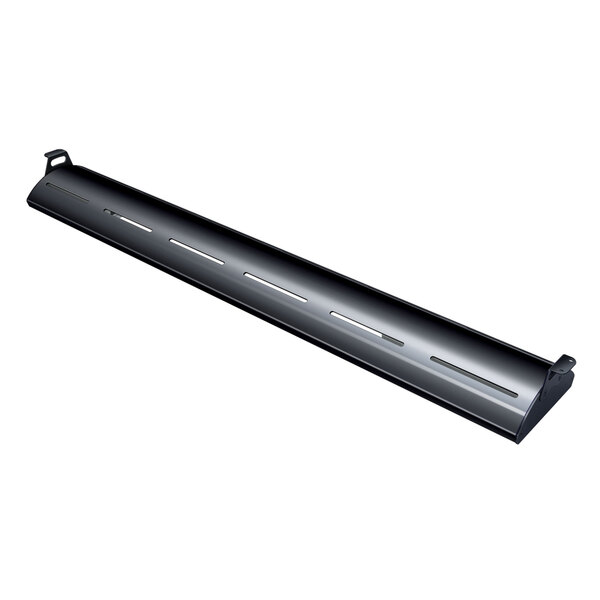 A black metal curved display light with holes in a black metal beam.