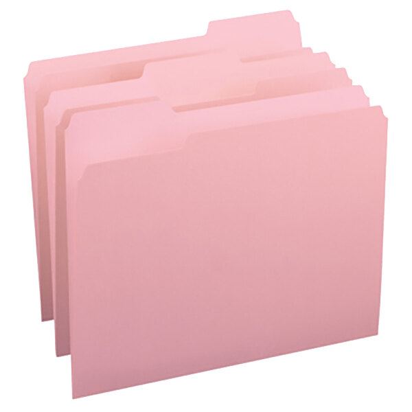 A close-up of a Smead pink letter size file folder with 1/3 cut assorted tabs.