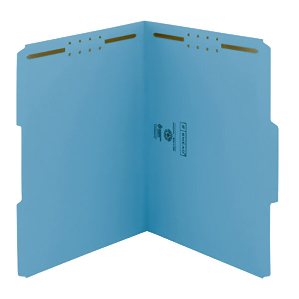 A blue file folder with 2 fasteners on it.