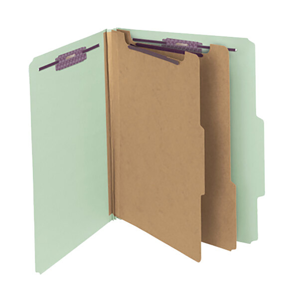 A close-up of a Smead SafeSHIELD purple classification folder with two open pages.