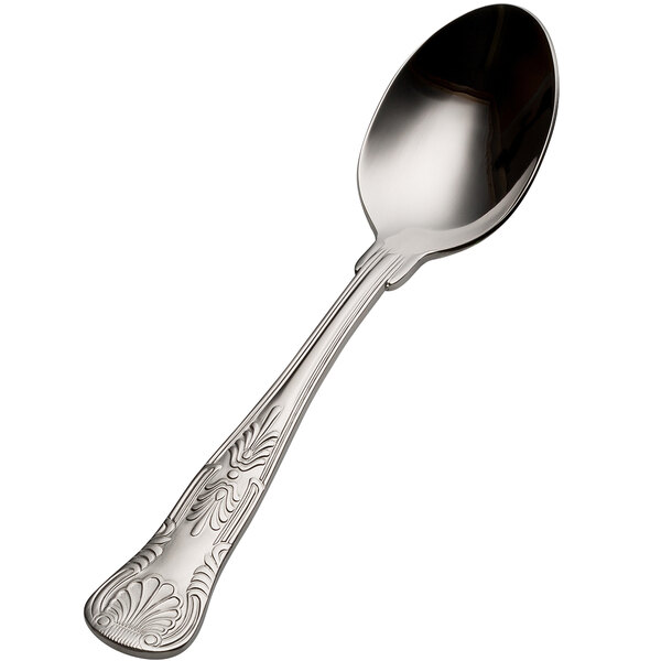 A close-up of a Bon Chef stainless steel soup/dessert spoon with a handle.