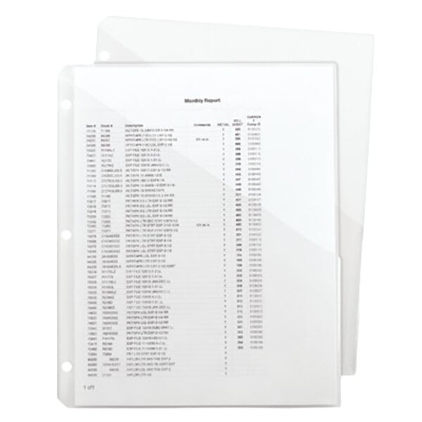 A clear Smead file folder with three holes containing a list of items.