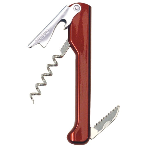 A Franmara Capitano waiter's corkscrew with a red and silver radiant handle.