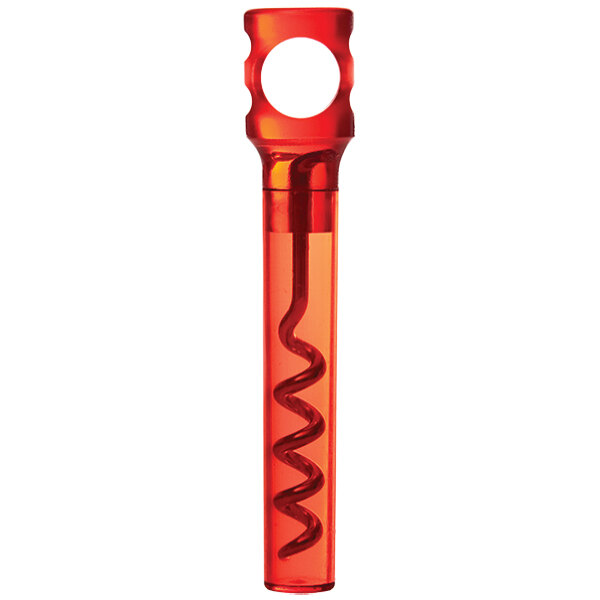 A red Franmara plastic pocket corkscrew with a spiral handle and a white circle.