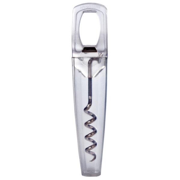 A Franmara Traveler's corkscrew with a metal handle and clear plastic case.