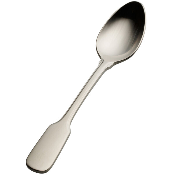 A Bon Chef stainless steel demitasse spoon with a silver handle.
