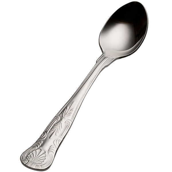 A silver Bon Chef Kings stainless steel teaspoon with a design on the handle.