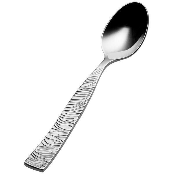 A Bon Chef stainless steel demitasse spoon with a textured safari pattern on the handle.