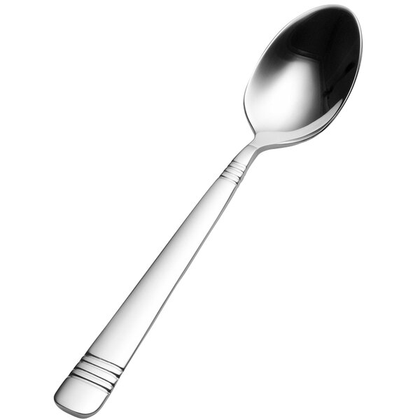 A close-up of a silver Bon Chef Julia demitasse spoon with a black handle.