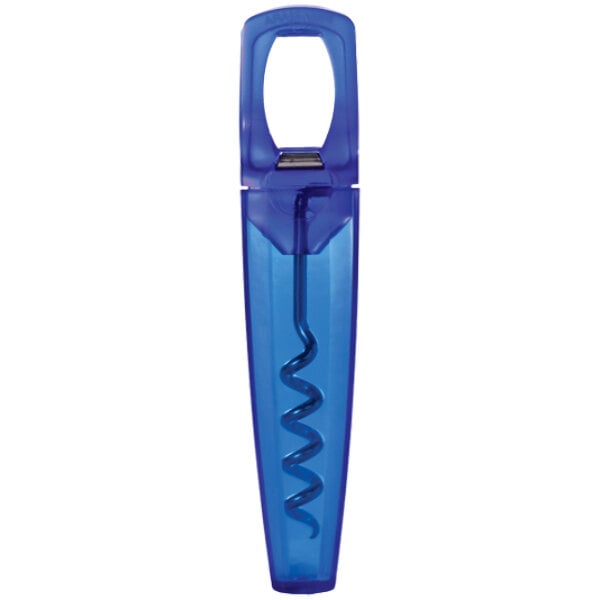 A Franmara translucent blue plastic corkscrew with a metal spiral handle.