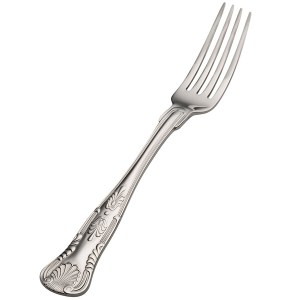 A Bon Chef stainless steel dinner fork with a design on the handle.