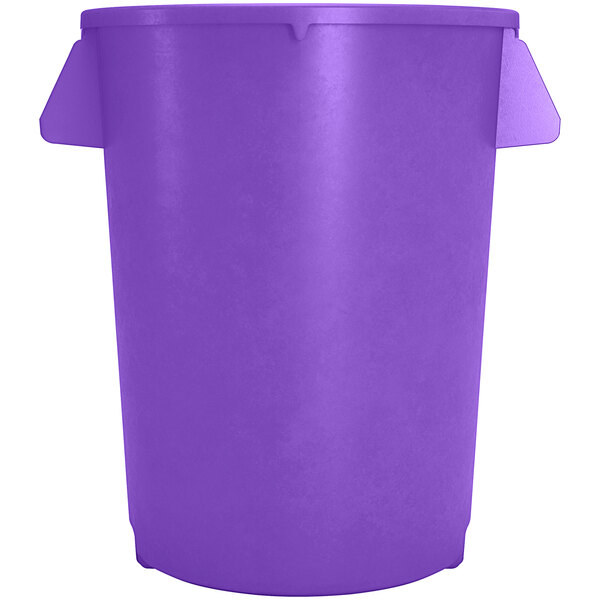 A purple plastic trash can with two handles.