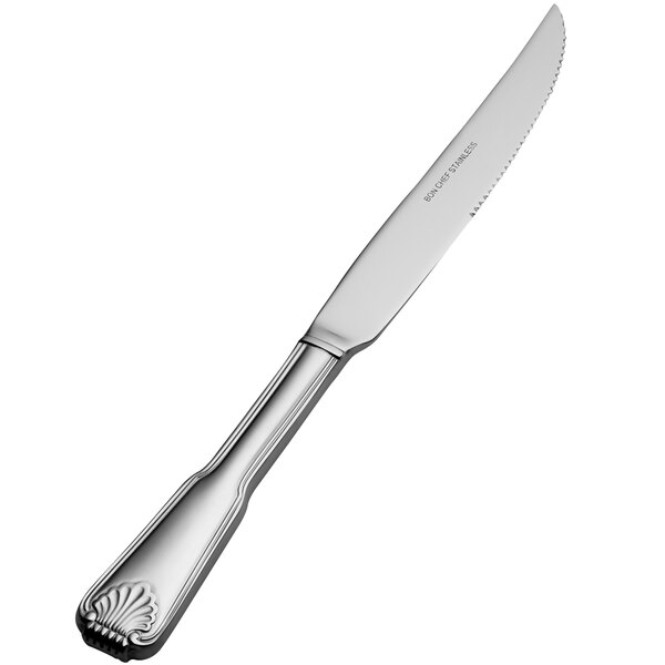 A silver Bon Chef European size steak knife with a solid handle.