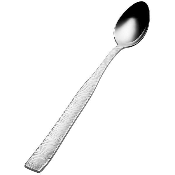 A Bon Chef stainless steel iced tea spoon with a black handle on a white background.