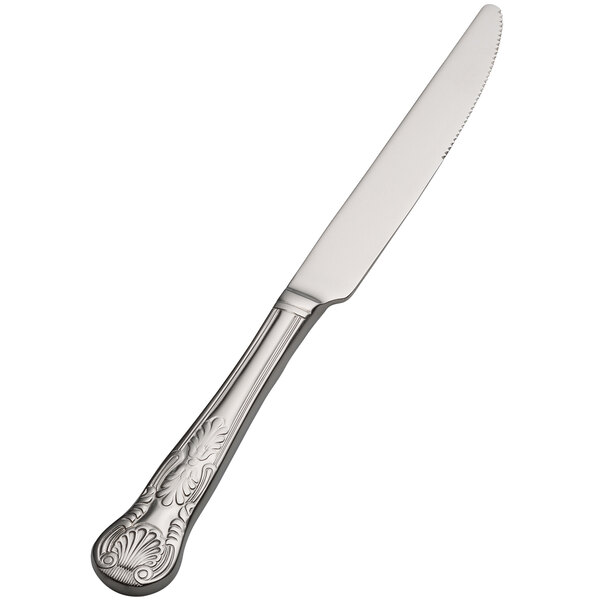 A close-up of a Bon Chef stainless steel dinner knife with a handle.