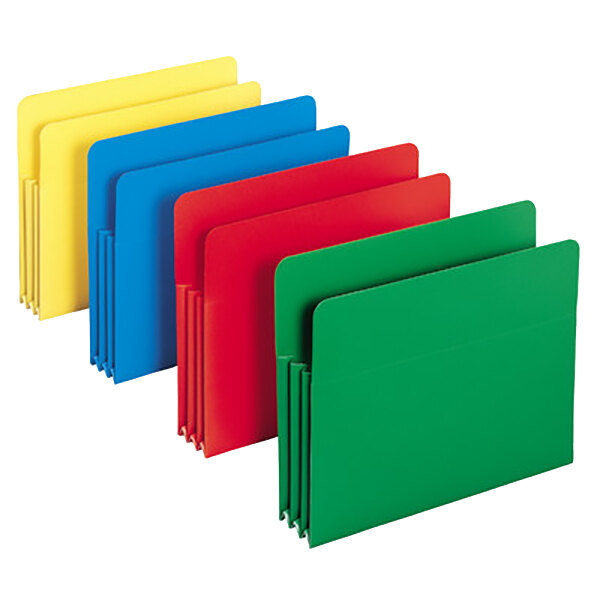 A set of four Smead poly file pockets in different colors.
