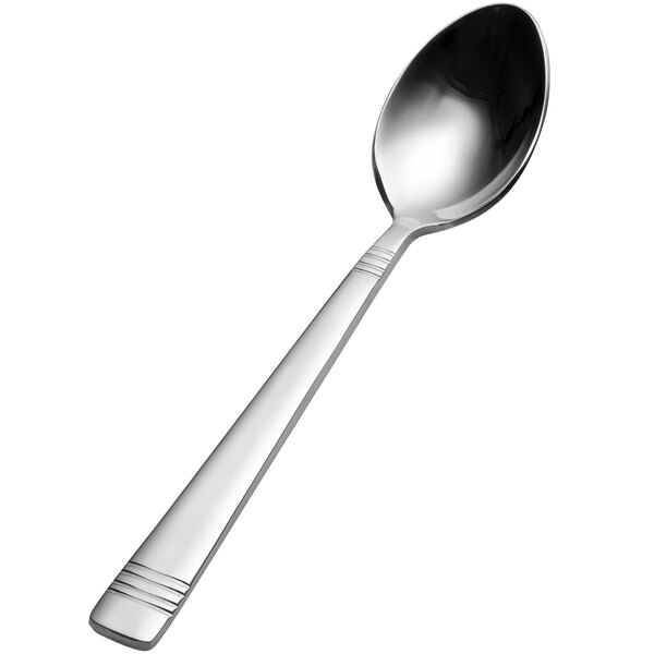 A close-up of a Bon Chef stainless steel teaspoon with a handle.
