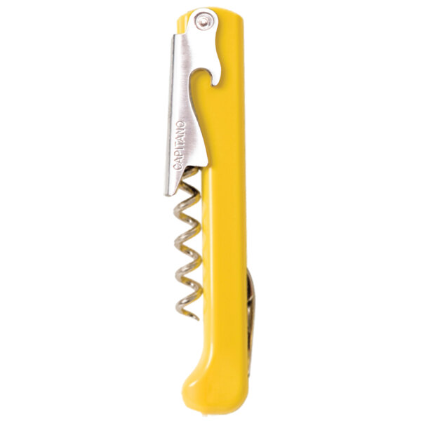 A Franmara Capitano corkscrew with a yellow and silver plastic handle.