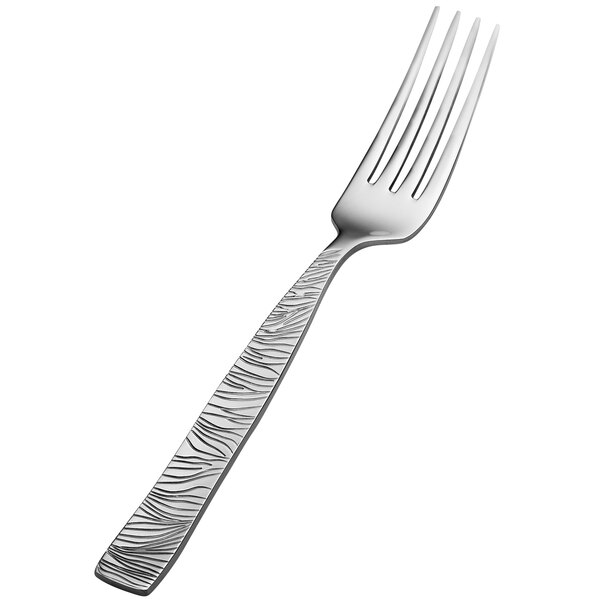 A Bon Chef stainless steel dinner fork with a patterned silver handle.