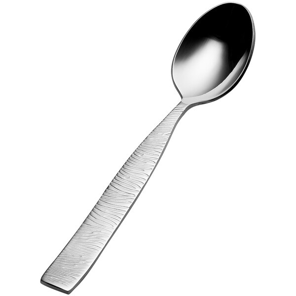 A close-up of the handle of a Bon Chef stainless steel teaspoon.