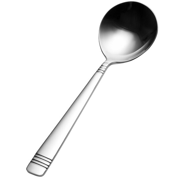 A Bon Chef silver stainless steel bouillon spoon with a black and white handle.