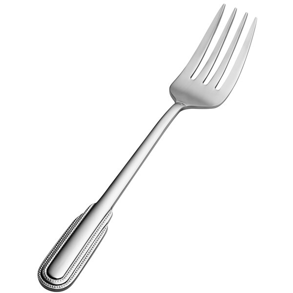 A close-up of a Bon Chef stainless steel fork with a silver handle.