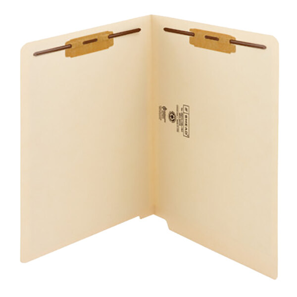 A Smead Manila file folder with two fasteners.