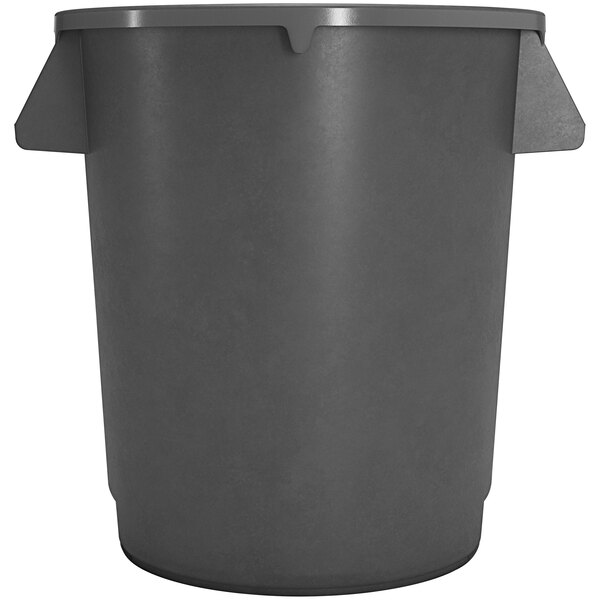 A gray plastic Carlisle Bronco trash can with a lid.