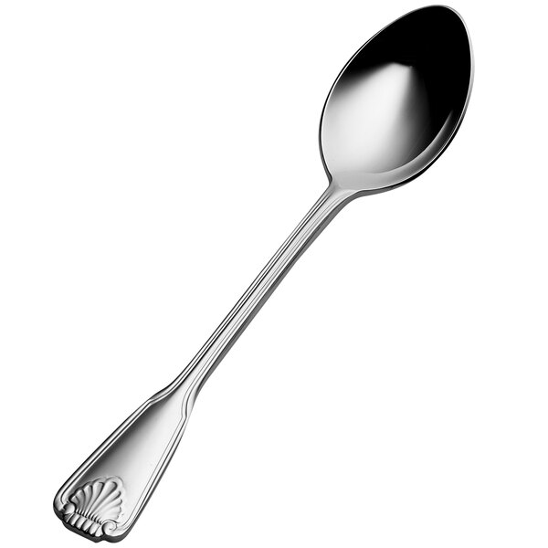 A Bon Chef stainless steel teaspoon with a shell design on the handle.