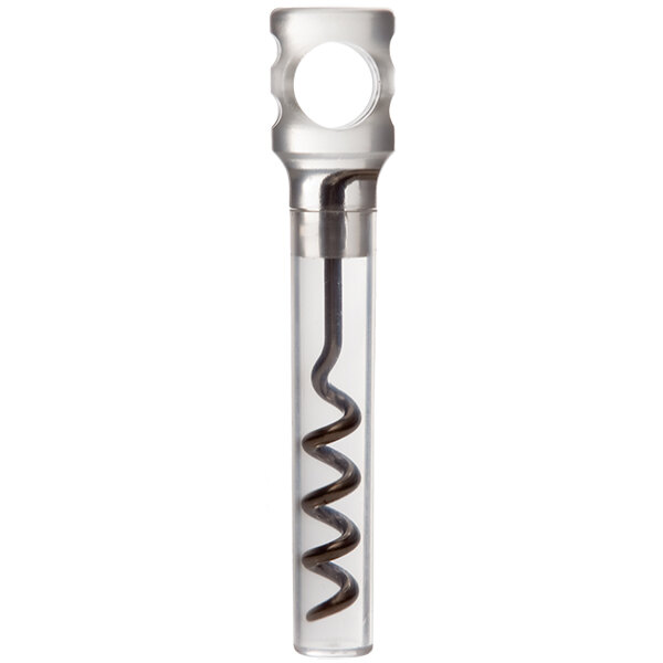 A Franmara clear plastic pocket corkscrew with a spiral on the end.