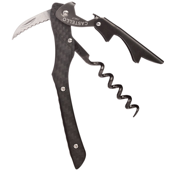 A Franmara Castello waiter's corkscrew with a carbon fiber handle and silver accents.