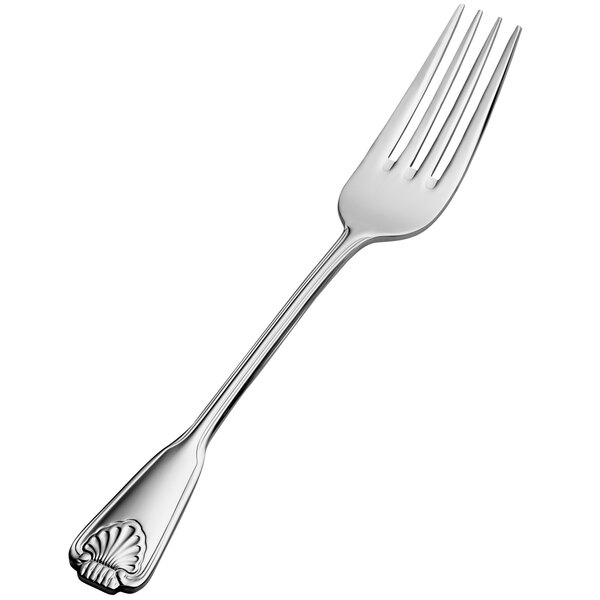 A Bon Chef stainless steel dinner fork with a shell design on the handle.