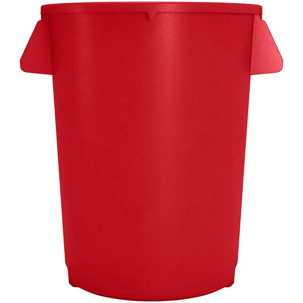 A red plastic Carlisle Bronco trash can with a lid.