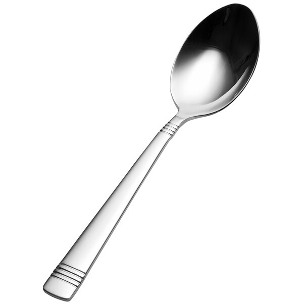 A Bon Chef stainless steel soup/dessert spoon with an 18/10 stainless steel handle.