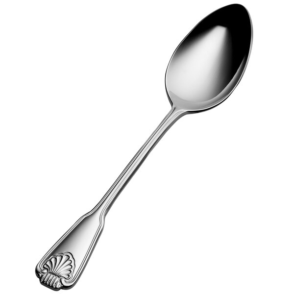 A Bon Chef stainless steel soup/dessert spoon with a shell design on the handle.