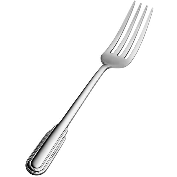 A close-up of a silver Bon Chef dinner fork with a silver handle.