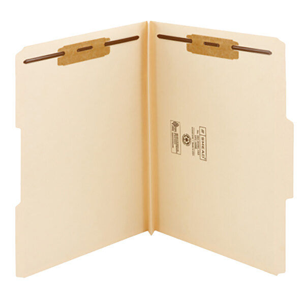 A Smead manila file folder with 2 brown fasteners on open pages.