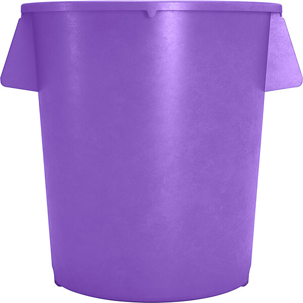 A purple Carlisle Bronco round trash can with a white lid.