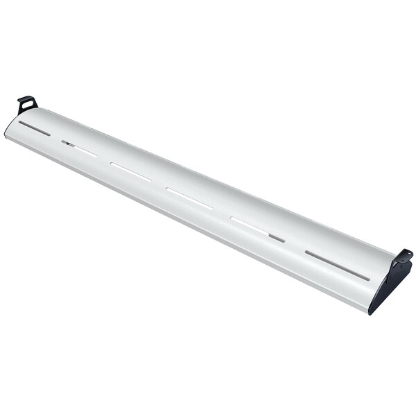 A long white metal beam with holes and a black handle.