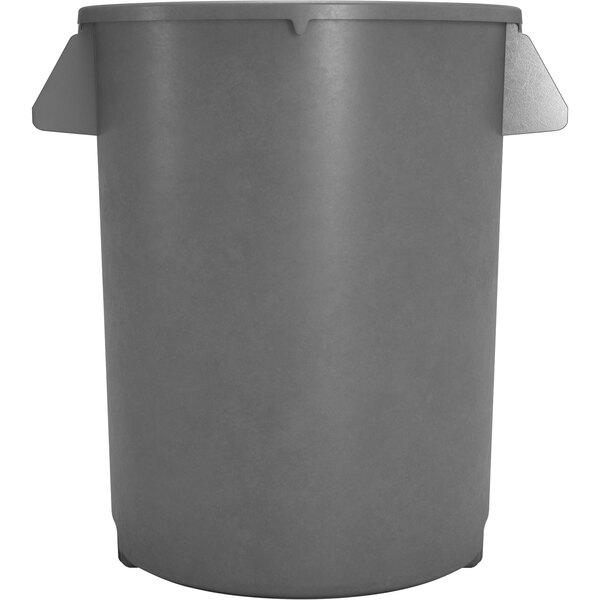 A grey plastic Carlisle Bronco trash can with two handles.