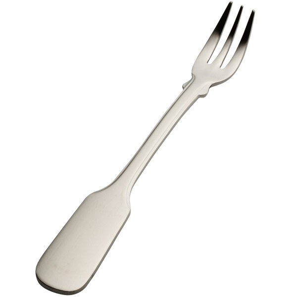 A silver fork with a long handle.