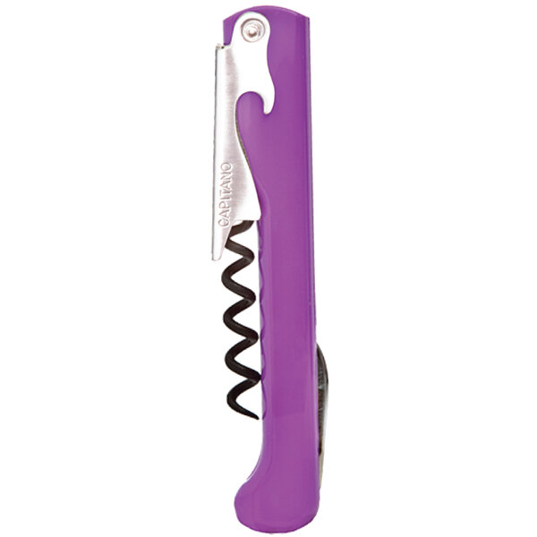A Franmara Capitano waiter's corkscrew with a purple grape plastic handle and a silver knife.
