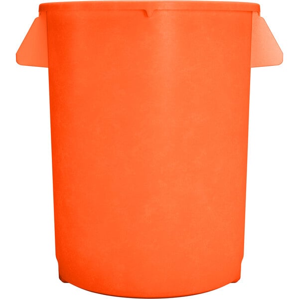 An orange plastic Carlisle round trash can with a white lid.