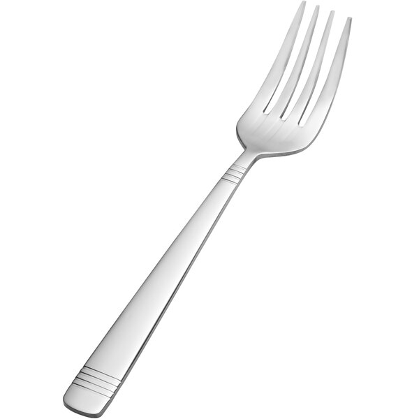 A close-up of a Bon Chef Julia stainless steel salad/dessert fork with a silver handle.
