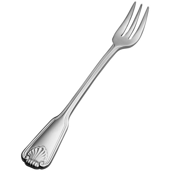 A Bon Chef stainless steel oyster/cocktail fork with a shell design on the handle.