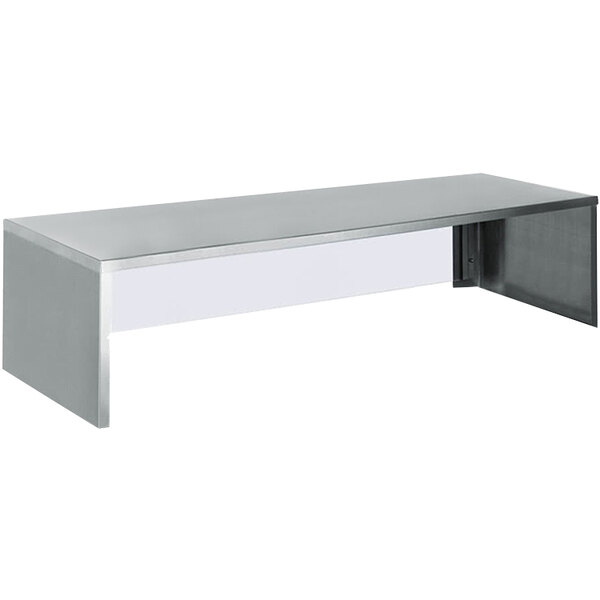 A long rectangular stainless steel serving shelf.