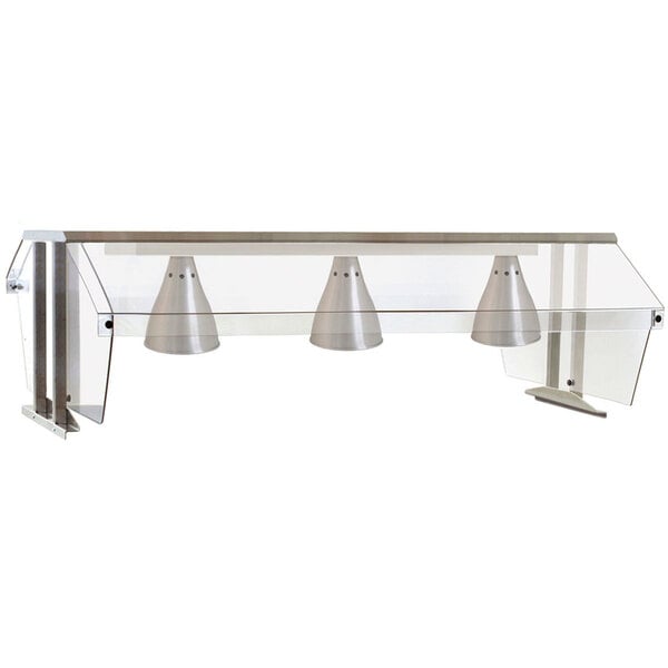A stainless steel Eagle Group buffet shelf with double sneeze guard and infrared lamps.