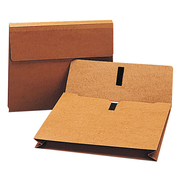 A brown Smead legal size expansion wallet with hook and loop closure.